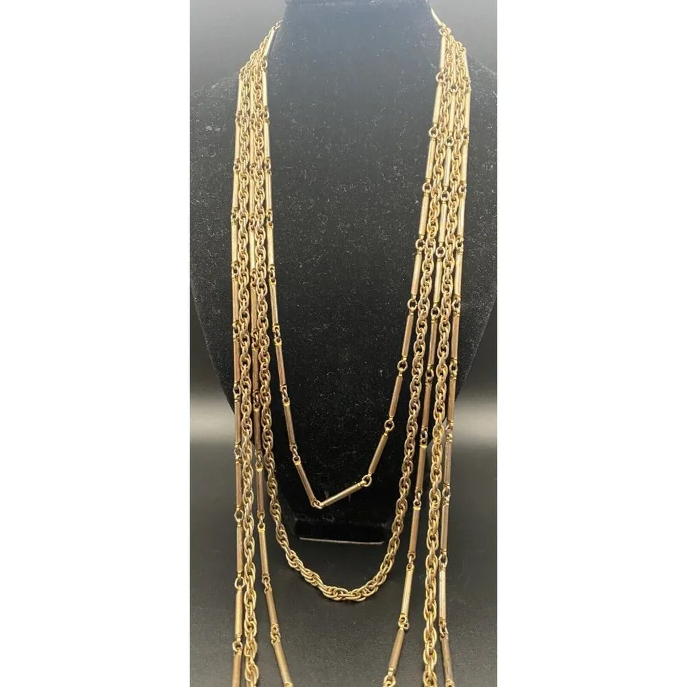 Vtg 50's-60's Chain Necklace Layered Bar Link Rope Yellow Gold Tone 5 Strand 31" - Picture 2 of 6